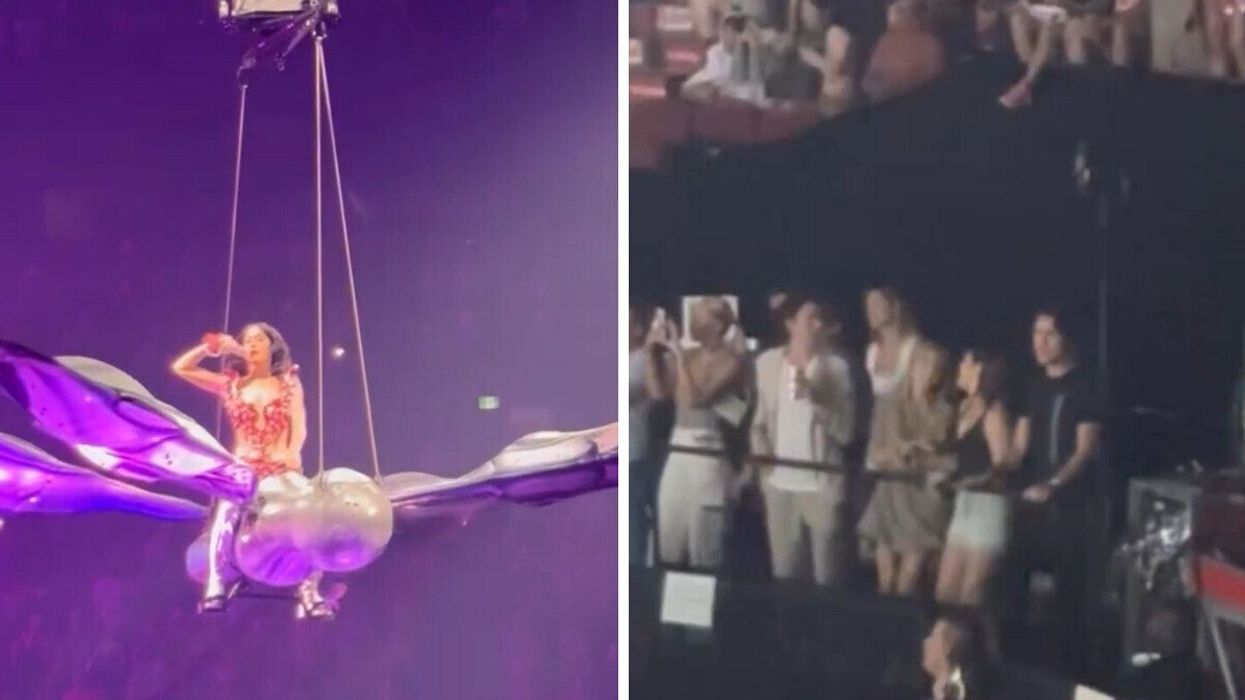 Katy Perry. Droite : Justin Trudeau dans une foule.