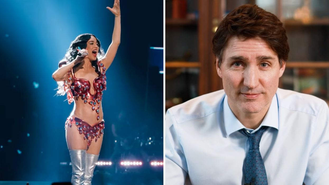 Katy Perry. Droite : Justin Trudeau.