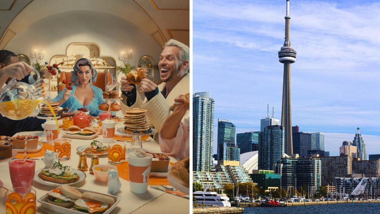 Katy Perry having brunch. Right: CN Tower in Toronto