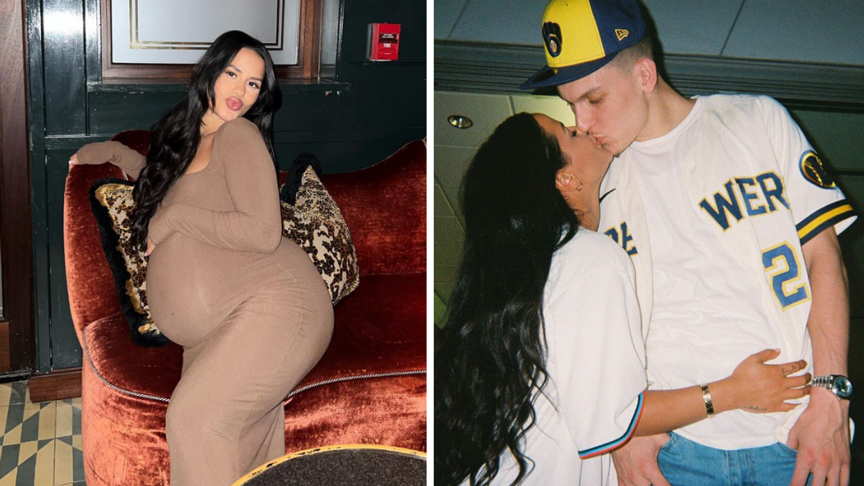 Katya Elise Henry holding her pregnant stomach. Right: Katya Elise Henry and Tyler Herro kissing.