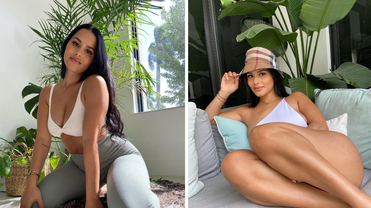 Katya Elise Henry in a workout outfit. Right: Katya Elise Henry with a hat on.