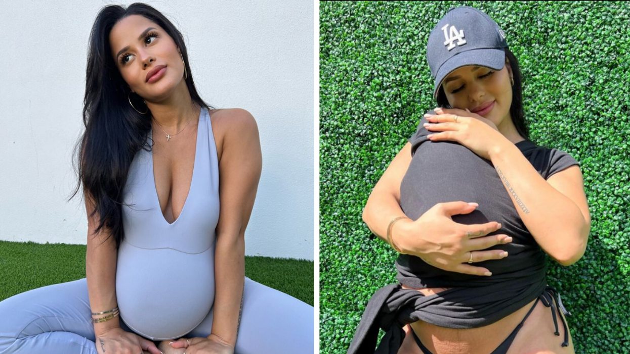 Katya Elise Henry pregnant with her son. Right: Katya Elise Henry holding her son.