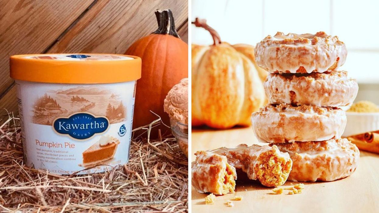 Kawartha Dairy Pumpkin Pie Ice Cream. Right: Krispy Kreme Pumpkin Spice Cake Doughnuts.
