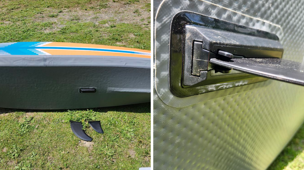 Kayak avec deux ailerons amovibles | Droite : Aileron install\u00e9 sur le kayak.
