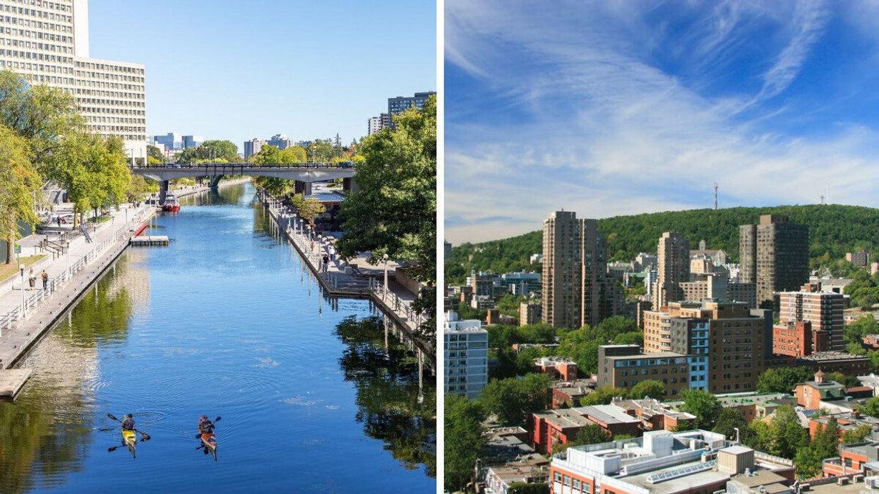 Kayakers on a canal in a mid-sized city. Right: City skyline with tree-covered hill in the background.