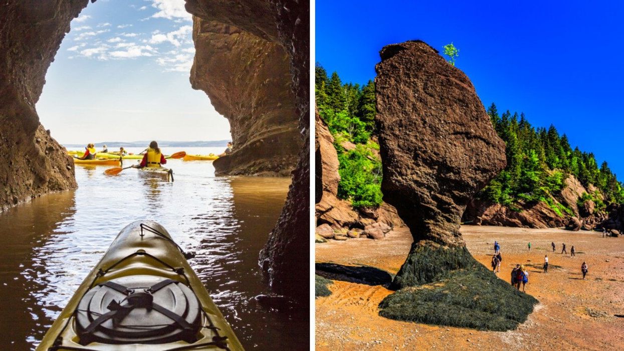Kayaking in the Bay of Fundy. Right: Hopewell Rocks in New Brunswick.