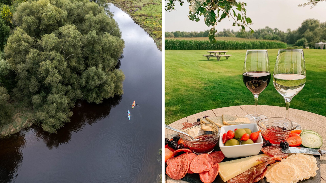 Kayaking on the Beaver River in Ontario. Right: Wine tasting and charcuterie at Georgian Hills Vineyards.