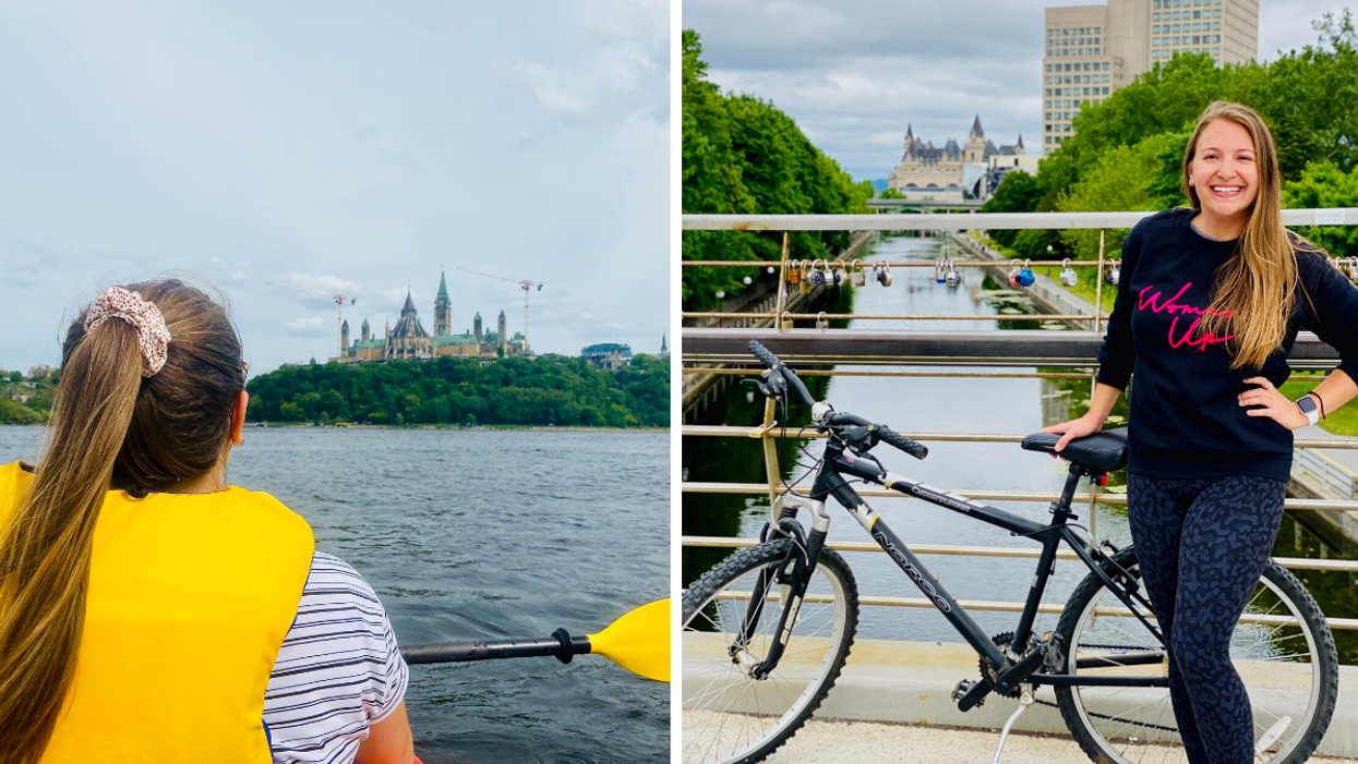 Kayaking on the Ottawa River near Parliament. Right: Biking along the Rideau Canal.