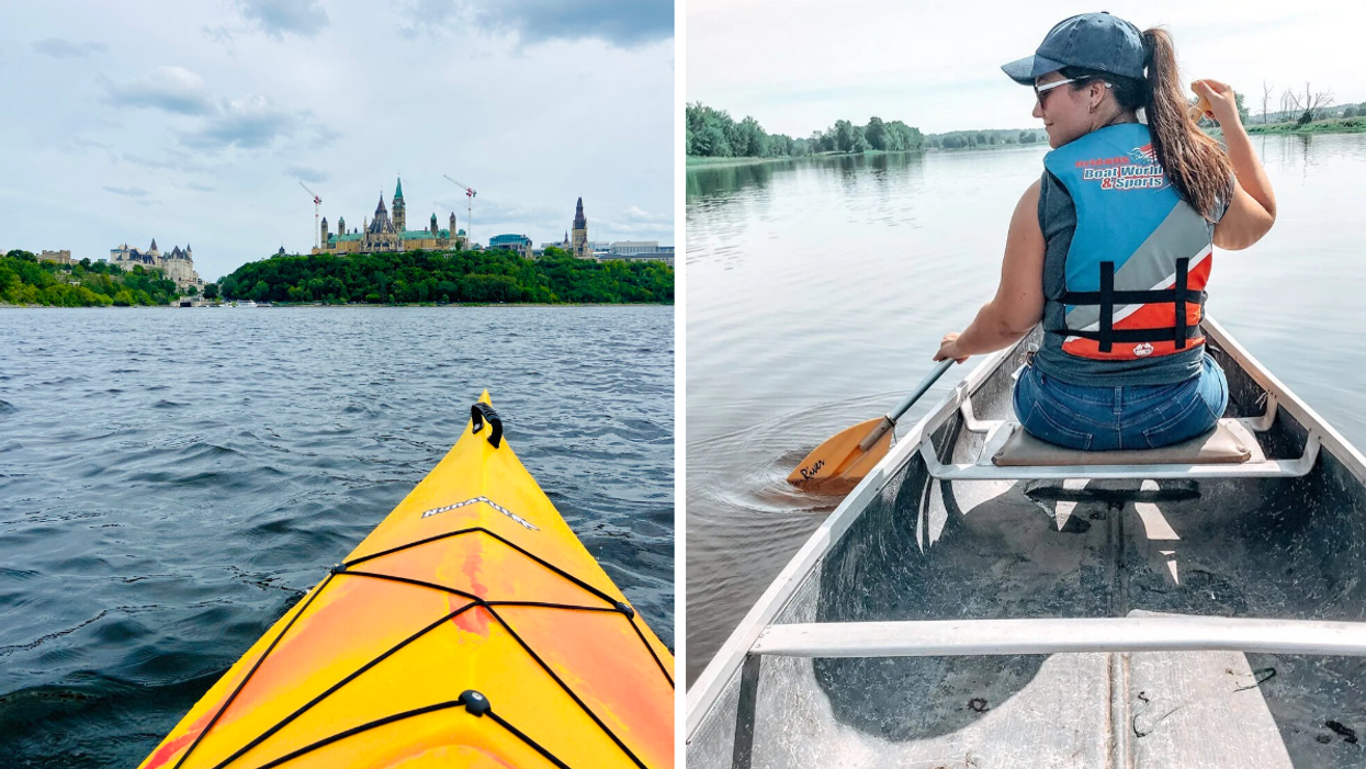 Kayaking past Parliament Hill on the Ottawa River. Right: Canoeing past Petrie Island Beach.