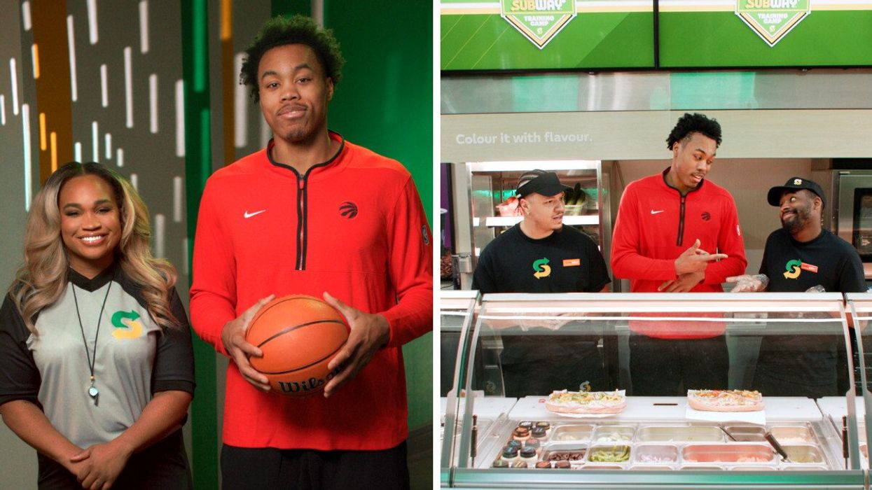 Kayla Grey and Scottie Barnes. Right: Ryan Swaze, Scottie Barnes and Devo Burey at the Subway Training Camp.