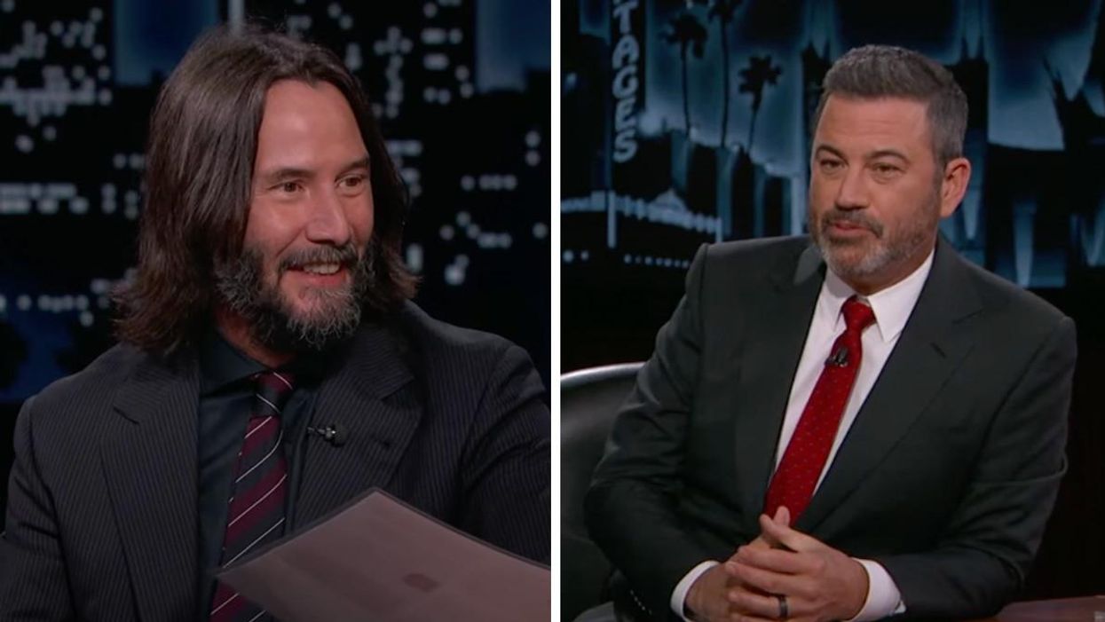 Keanu Reeves on Jimmy Kimmel Live. Right: Jimmy Kimmel.