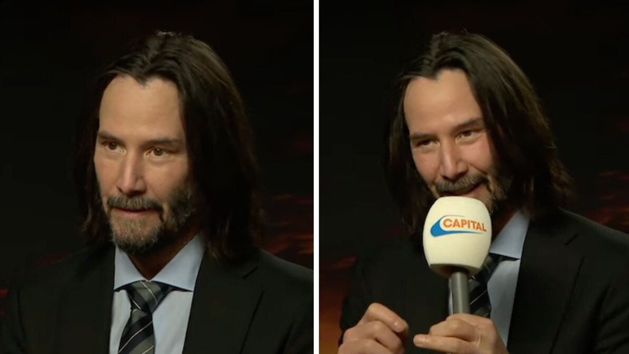 Keanu Reeves reacting to an interview with Capital FM's Roman Kemp.