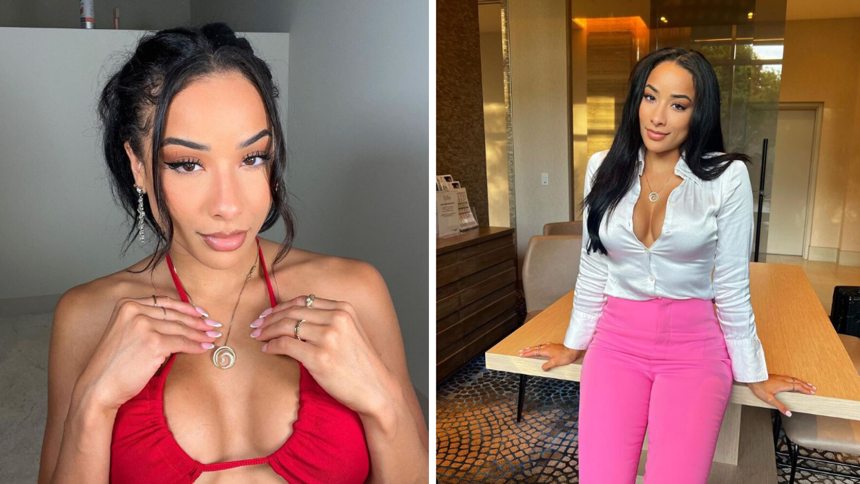 Keeta Vacarro in a red top. Right: Keeta Vacarro in pink pants and a white button up.