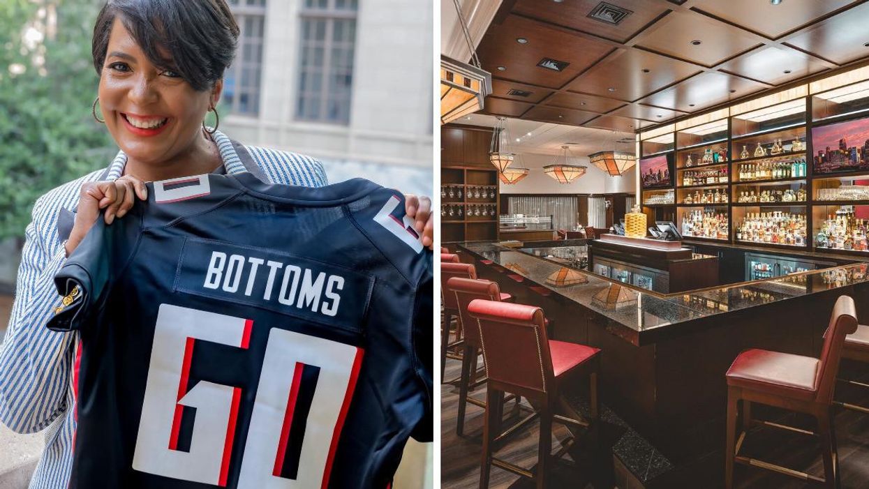 Keisha Lance Bottoms holding up a jersey. Right: Interior of a Capital Grille restaurant.