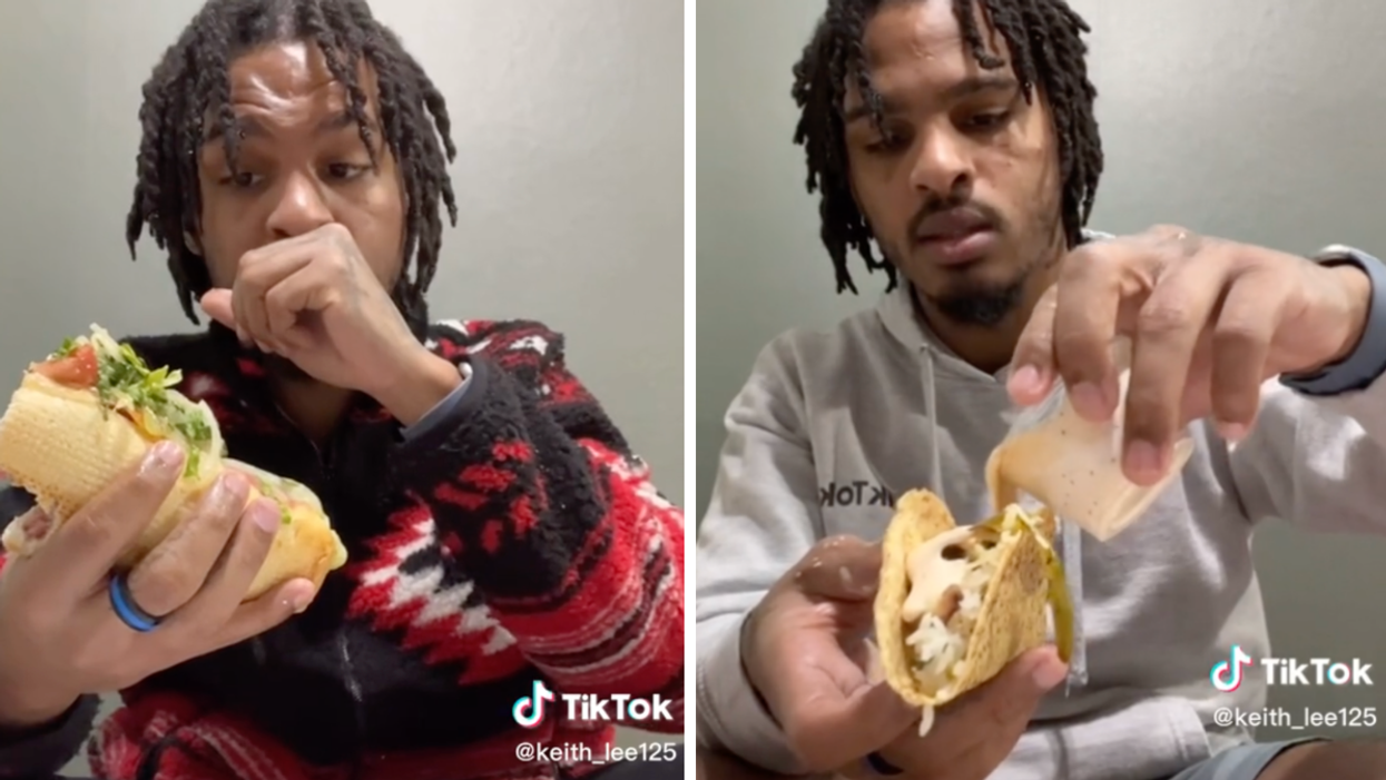 Keith Lee tasting a sub. Right: Keith Lee trying tacos.