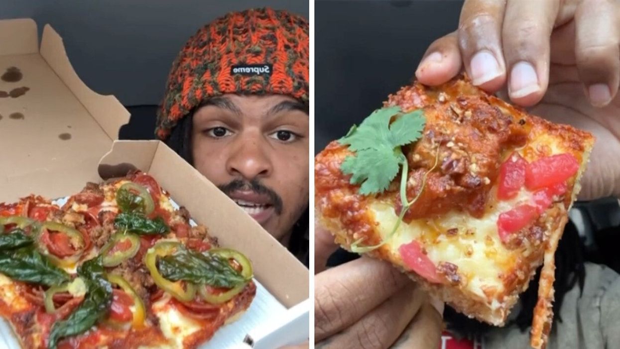 Keith Lee with a slice of pizza. Right: A slice of pizza.