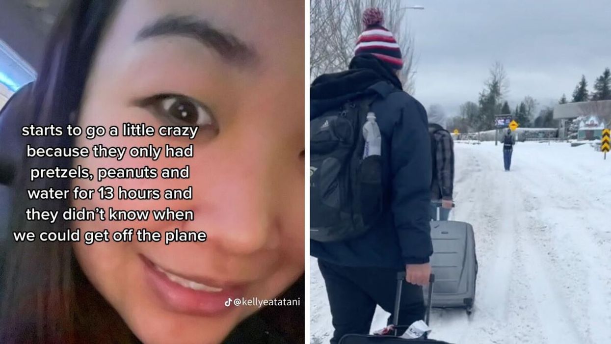 Kelly Eatatani on a plane. Right: Dragging their suitcases across the border to the U.S.