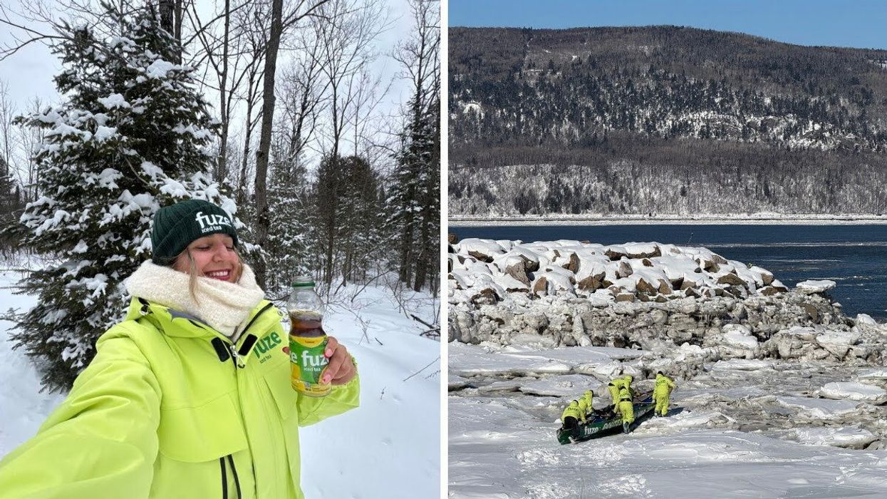 Kelly holding a FUZE® Iced Tea. Right: The FUZE® Iced Tea Flavour Fleet transporting a canoe into the St. Lawrence River in Charlevoix, Quebec.