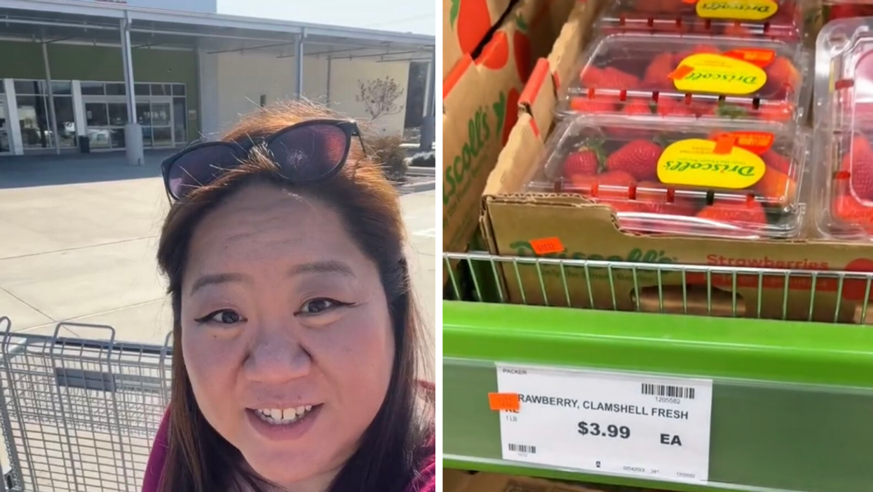 Kelly in front of a US Foods Chef's Store location. Right: Strawberries at US Foods Chef's Store.