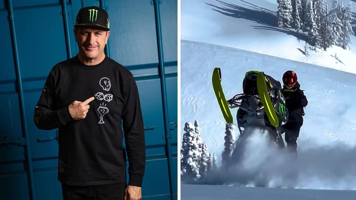 Ken Block. Right: Ken Block riding his snowmobile.
