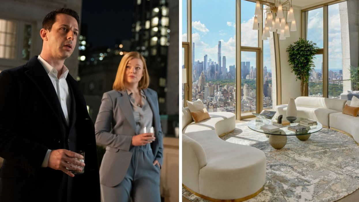 Kendall and Shiv Roy in HBO's "Succession." Right: The interior of Kendall's penthouse.
