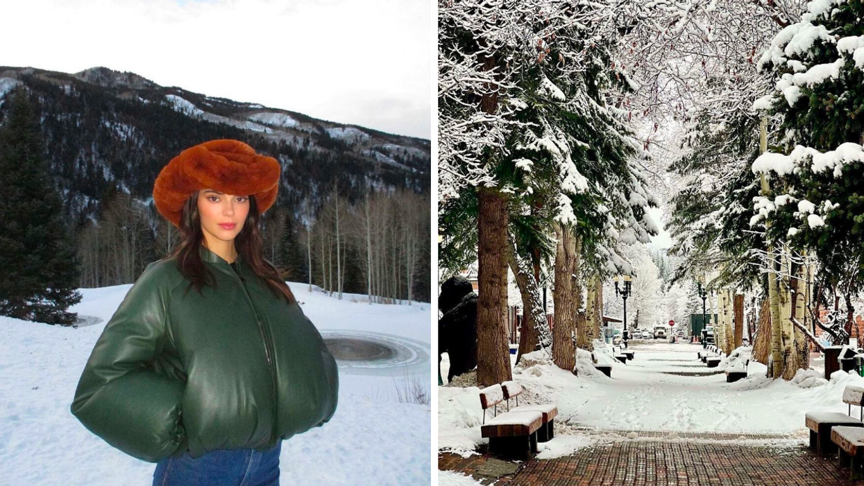 Kendall Jenner in Aspen, CO. Right: A snowy sidewalk in Aspen, CO.