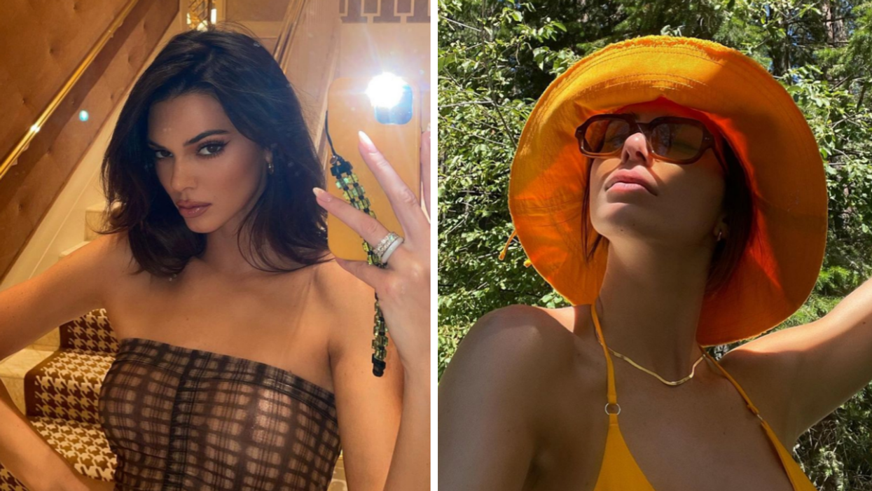 Kendall Jenner wearing a brown plaid tube top posing in a mirror. Right: Kendall Jenner wearing an orange hat and sunglasses looking up at the sky.