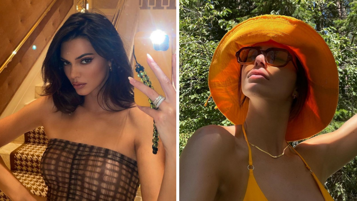 Kendall Jenner wearing a brown plaid tube top posing in a mirror. Right: Kendall Jenner wearing an orange hat and sunglasses looking up at the sky.