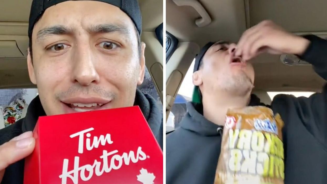 Kepi trying Tim Hortons. Right: Kepi trying Hickory Sticks.