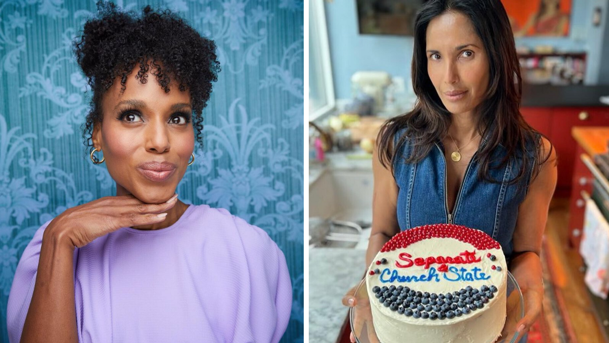 Kerry Washington in a purple shirt. Right: Padma Lakshmi holding a cake.