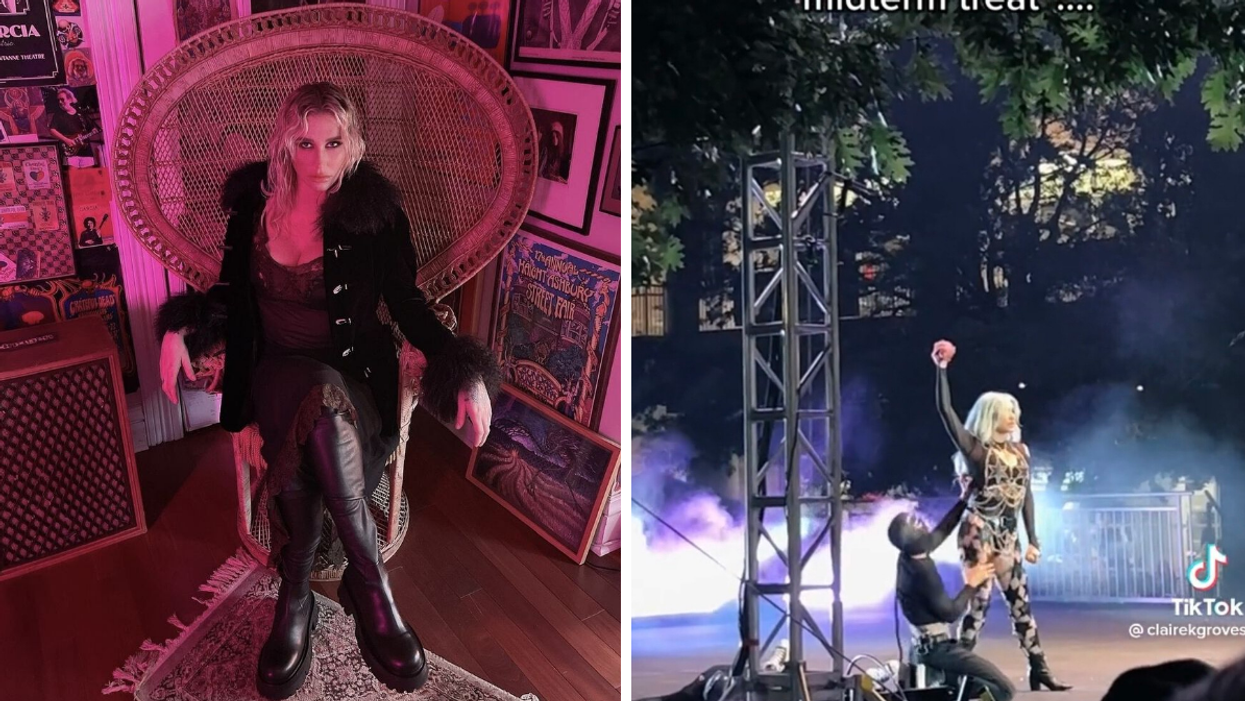 Kesha in an all black outfit sitting in a chair. Right: Kesha performing at Texas Christian University in Fort Worth, TX.