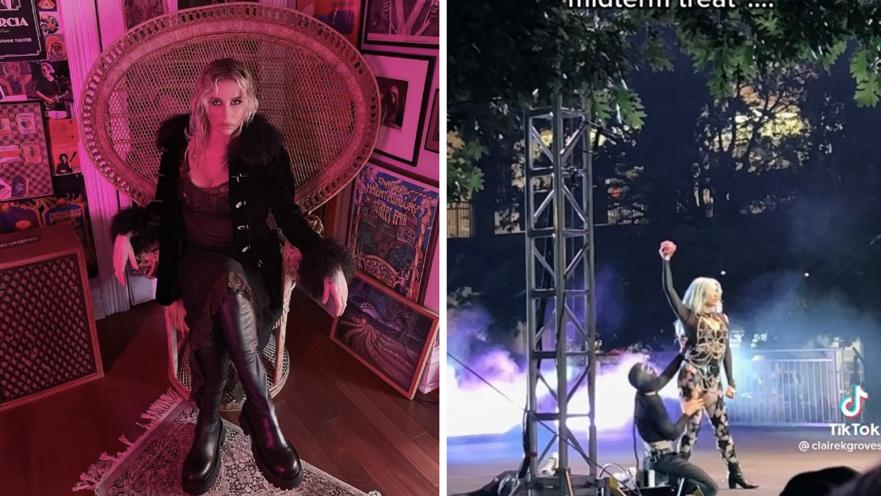 Kesha in an all black outfit sitting in a chair. Right: Kesha performing at Texas Christian University in Fort Worth, TX.