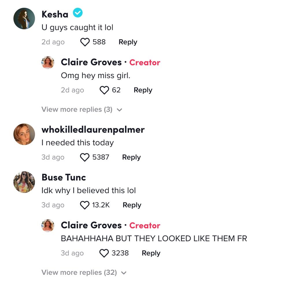Kesha's comment on Claire Groves viral TikTok.