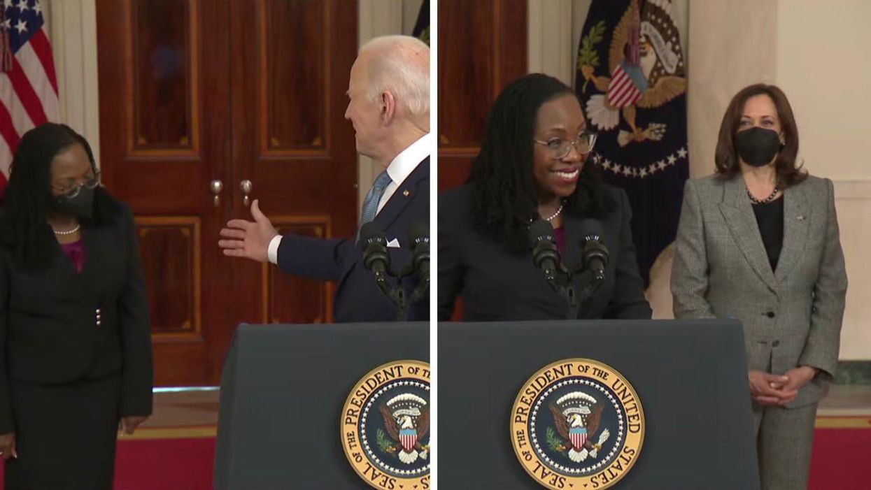 Ketanji Brown Jackson and President Joe Biden. Right: Jackson and Vice President Kamala Harris.