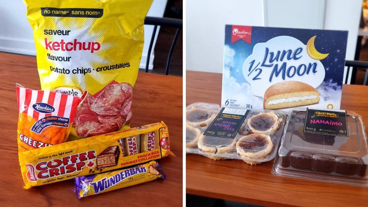Ketchup chips, Hawkins Cheezies, Coffee Crisps, and a Cadbury Wunderbar. Right: Vachon Lune 1/2 Moon, butter tarts and nanaimo bars.