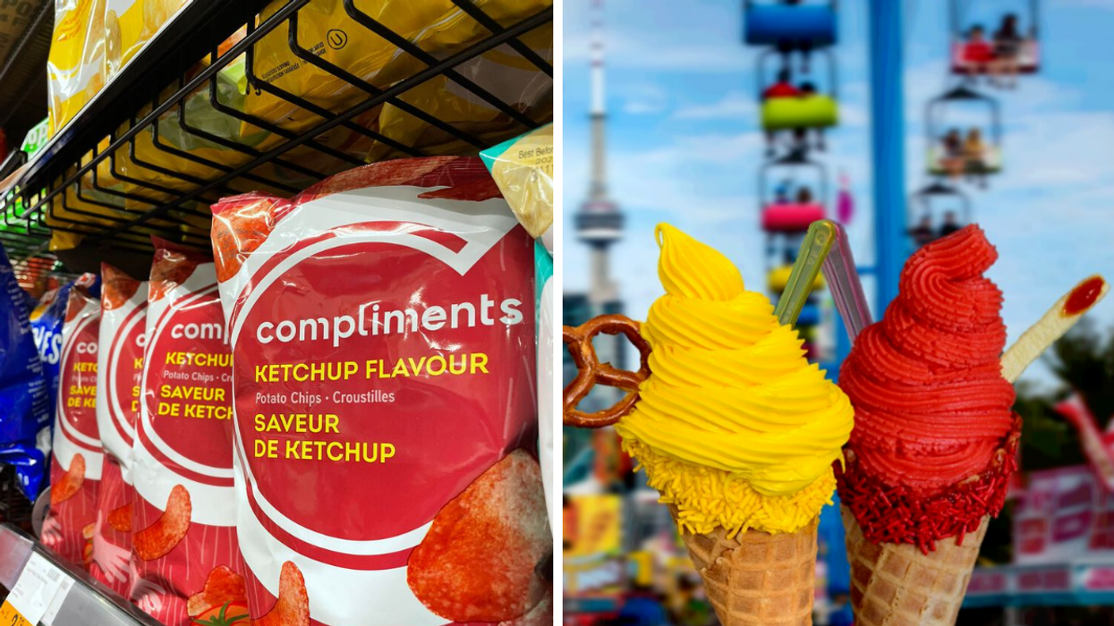 Ketchup chips in a store. Right: Mustard and Ketchup ice cream at Toronto's CNE.