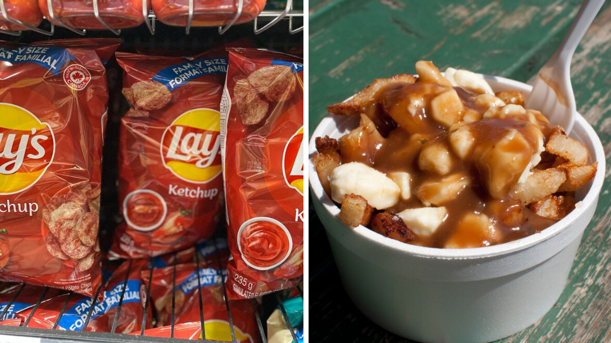 Ketchup chips on a shelf. Right: Poutine.