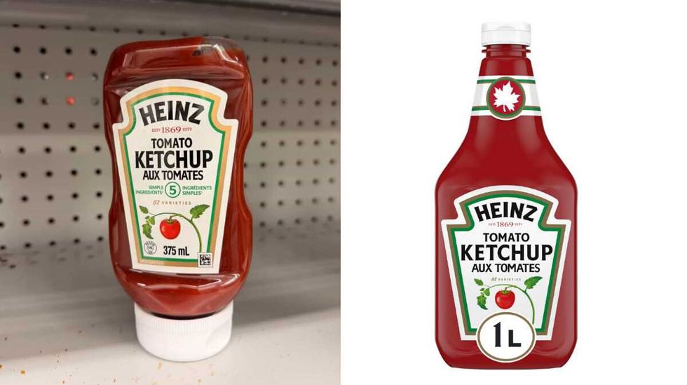 Ketchup Heinz au Dollarama. Droite : Bouteille de Ketchup Heinz.