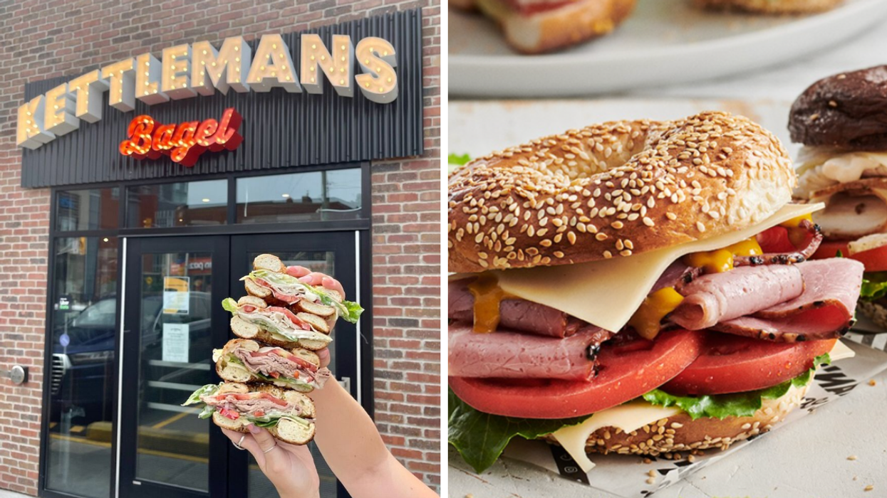 Kettlemans Bagel. Droite : un sandwich Kettlemans.