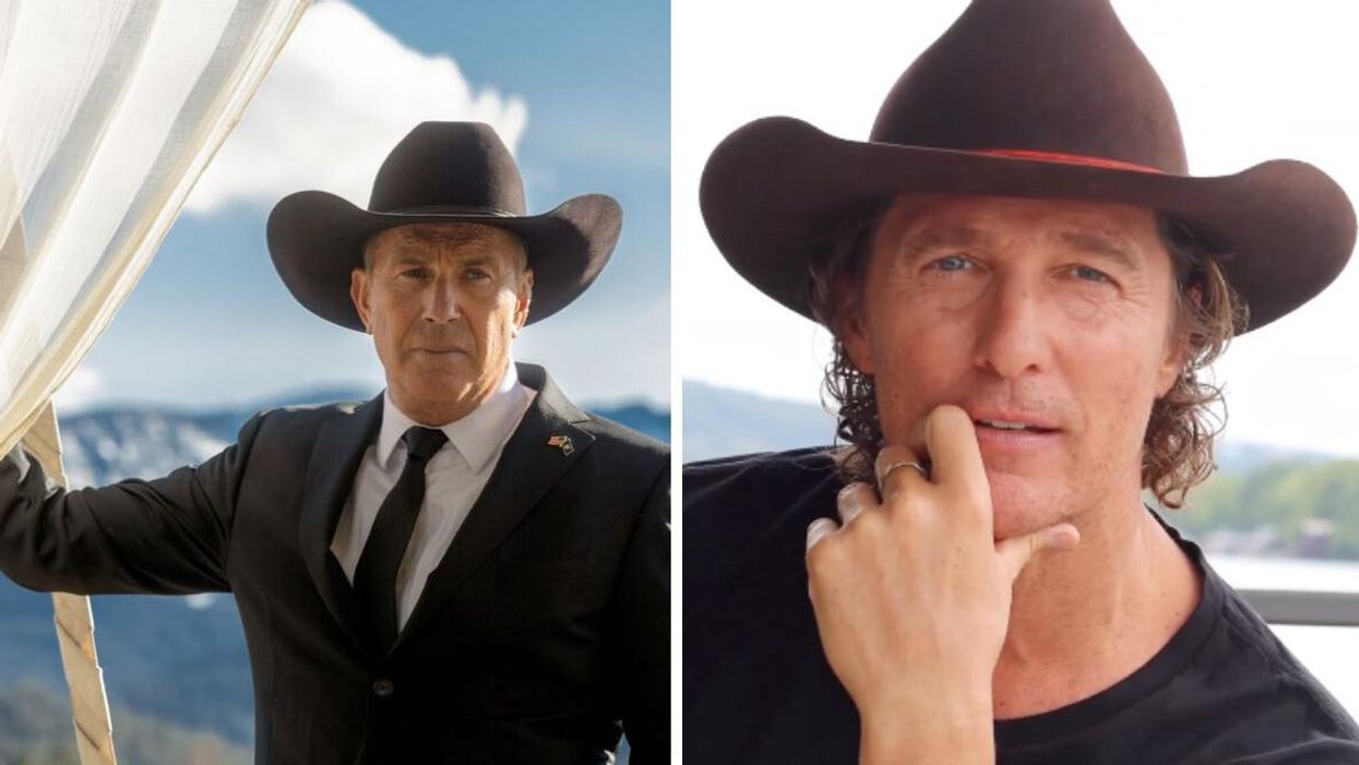 Kevin Costner as John Dutton in Yellowstone. Right: Matthew McConaughey.