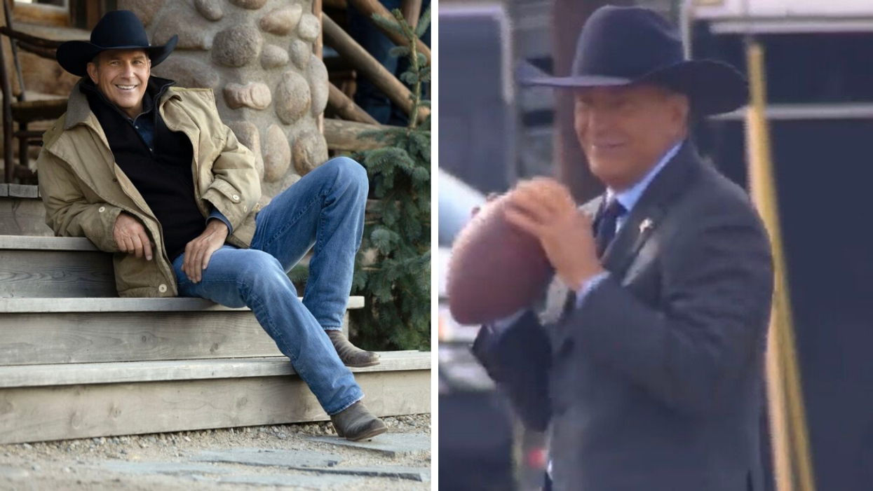 Kevin Costner in "Yellowstone." Right: Costner on the Venus, TX set holding a football.