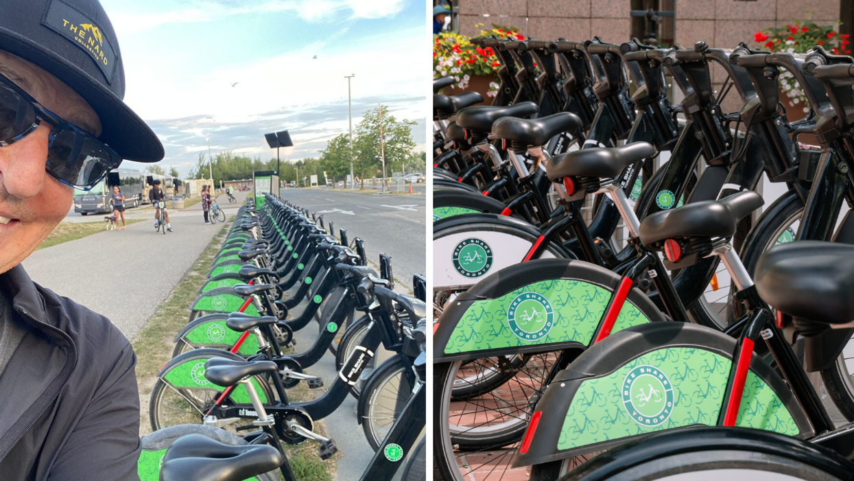 Kevin Cronin from REO Speedwagon. Right: Bike Share Toronto bicycles.