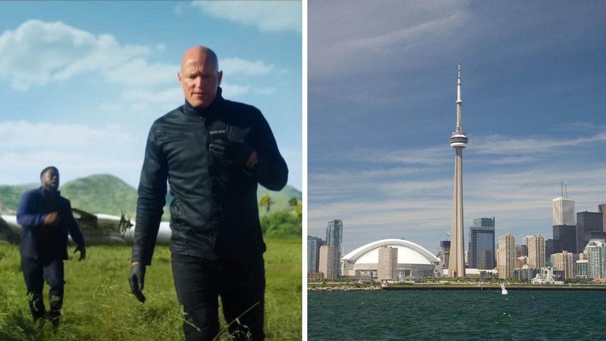 Kevin Hart and Woody Harrelson in "The Man From Toronto." Right: The Toronto skyline.
