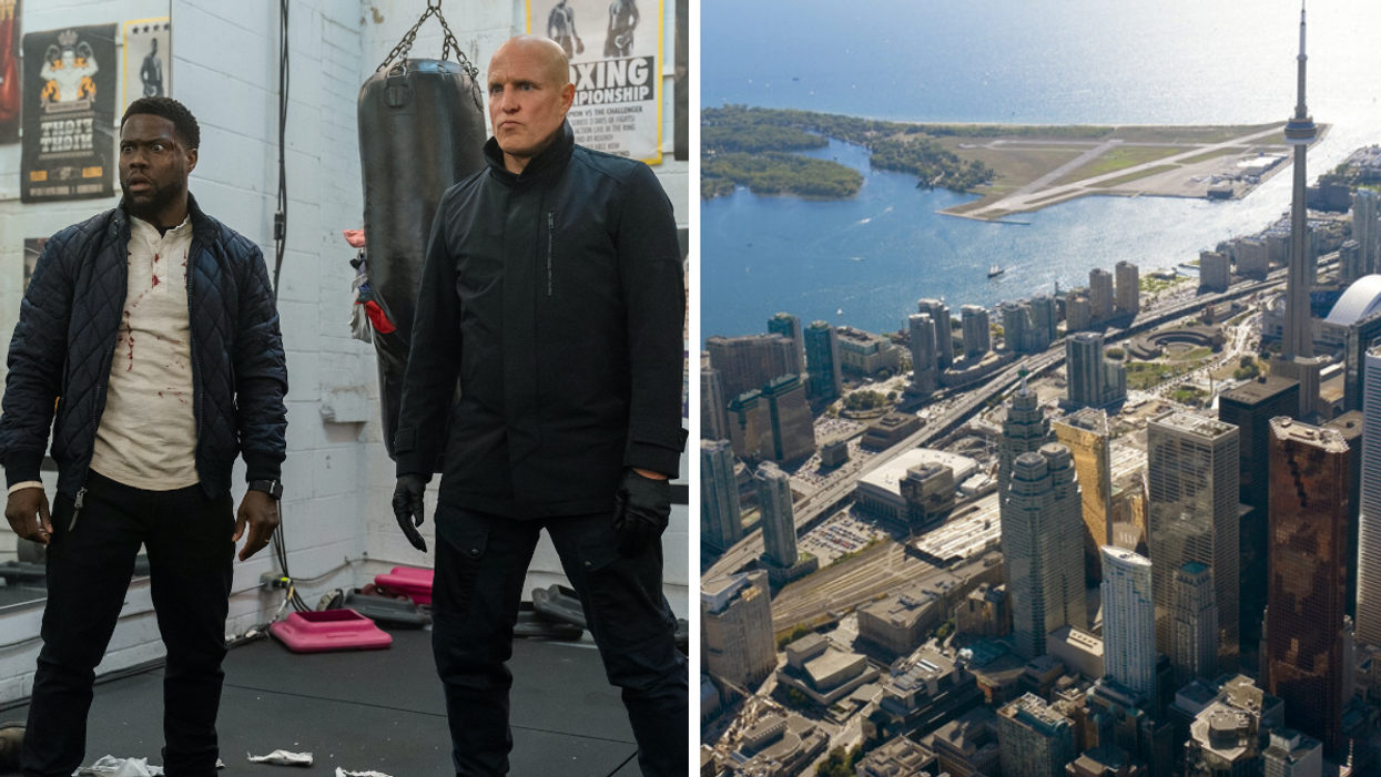 Kevin Hart and Woody Harrelson in 'The Man From Toronto.' Right: Toronto skyline.