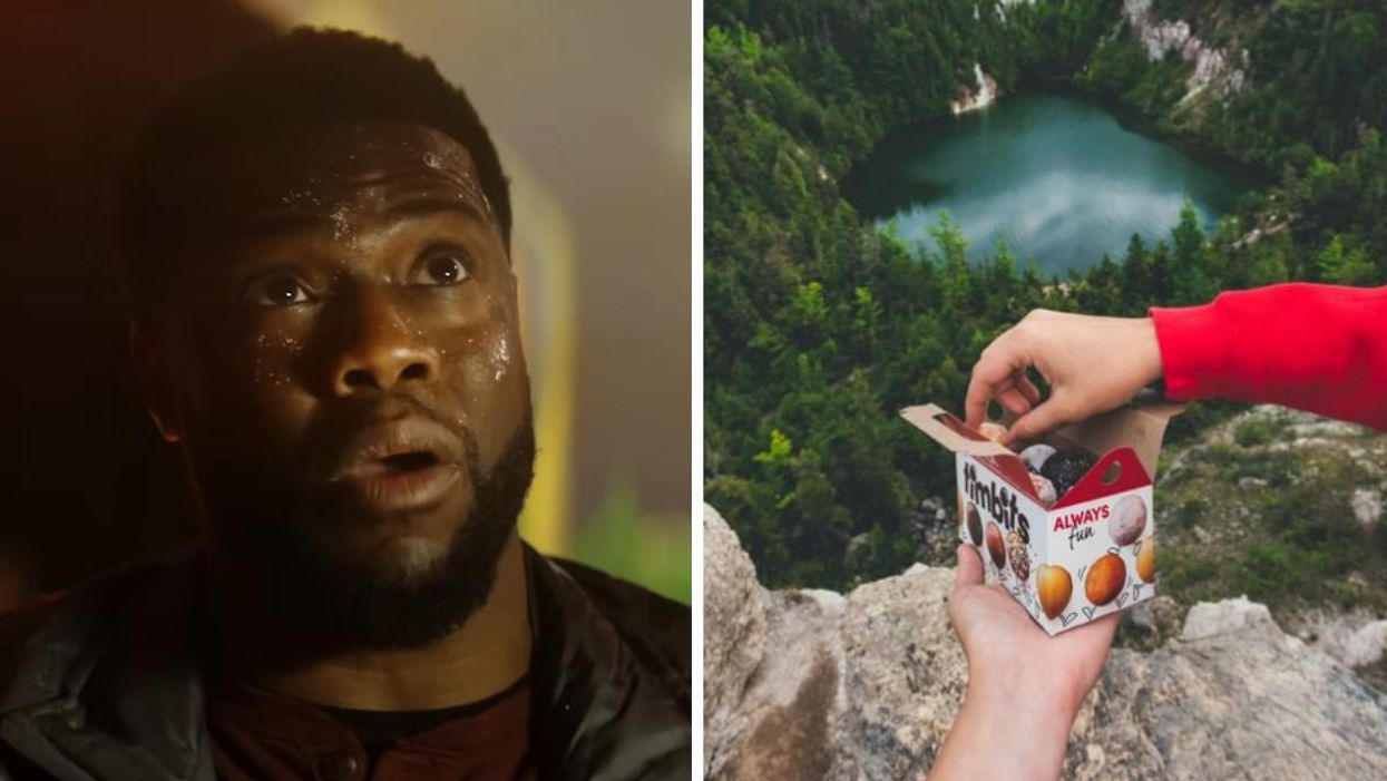 Kevin Hart in 'The Man From Toronto' trailer. Right: Person reaching into a box of Timbits.