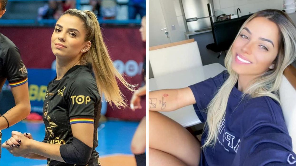 Key Alves during a professional women's volleyball game in Brazil. Right: Key Alves.