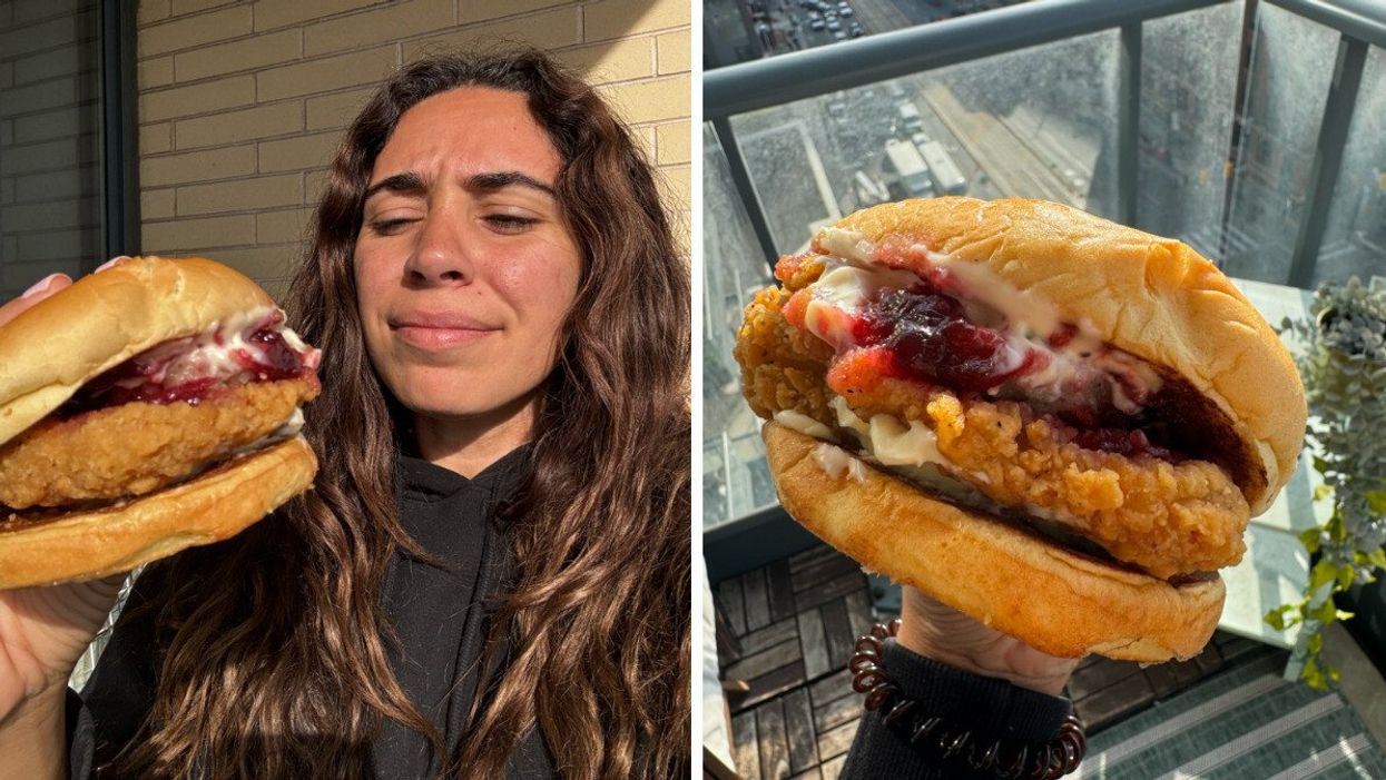 KFC Festive Chicken Sandwich with a concerned person looking at. Right: KFC's new Festive Chicken Sandwich with fried chicken, cranberry sauce, stuffing between two buns.