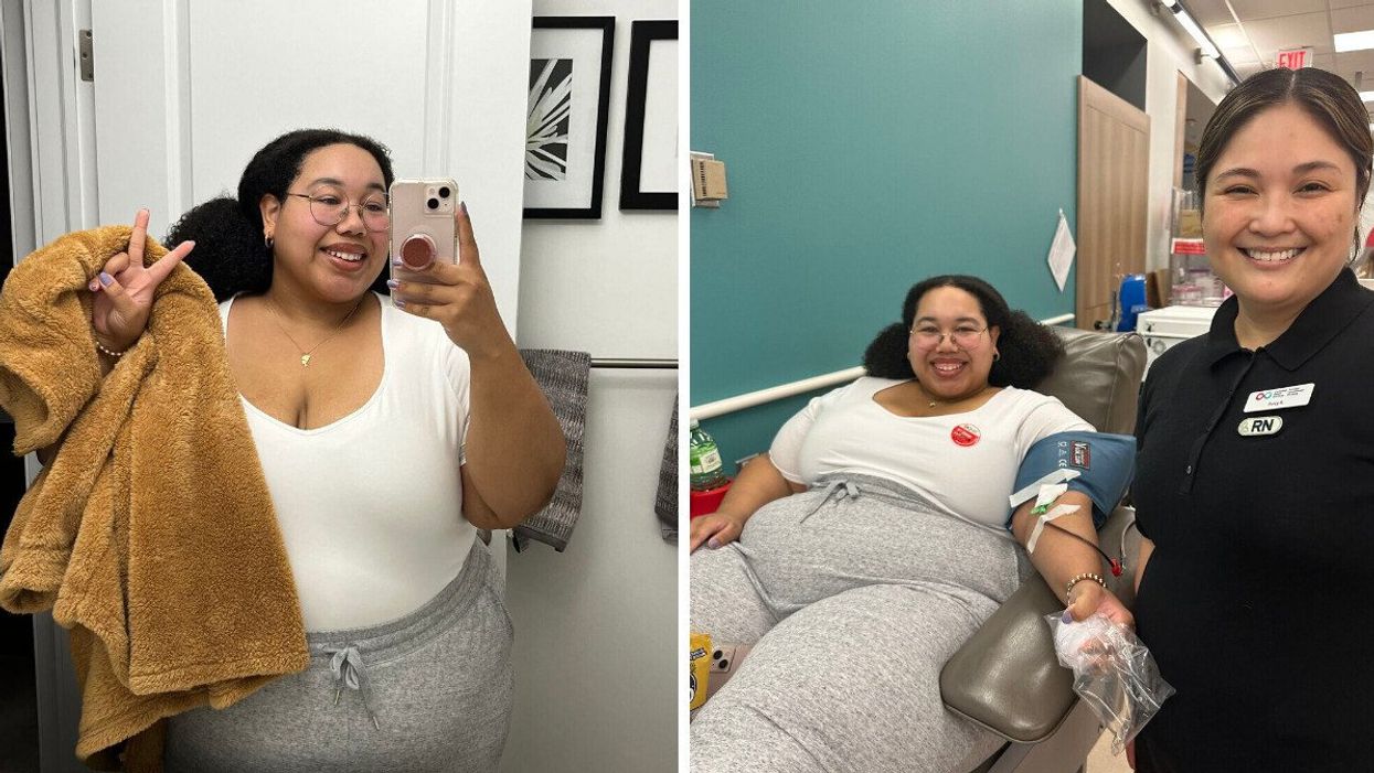 Kianni Reynolds-Lewis takes a selfie in the mirror while making a "peace" sign. Right: Kianni Reynolds-Lewis in a donor centre during a plasma donation smiling alongside a registered nurse.