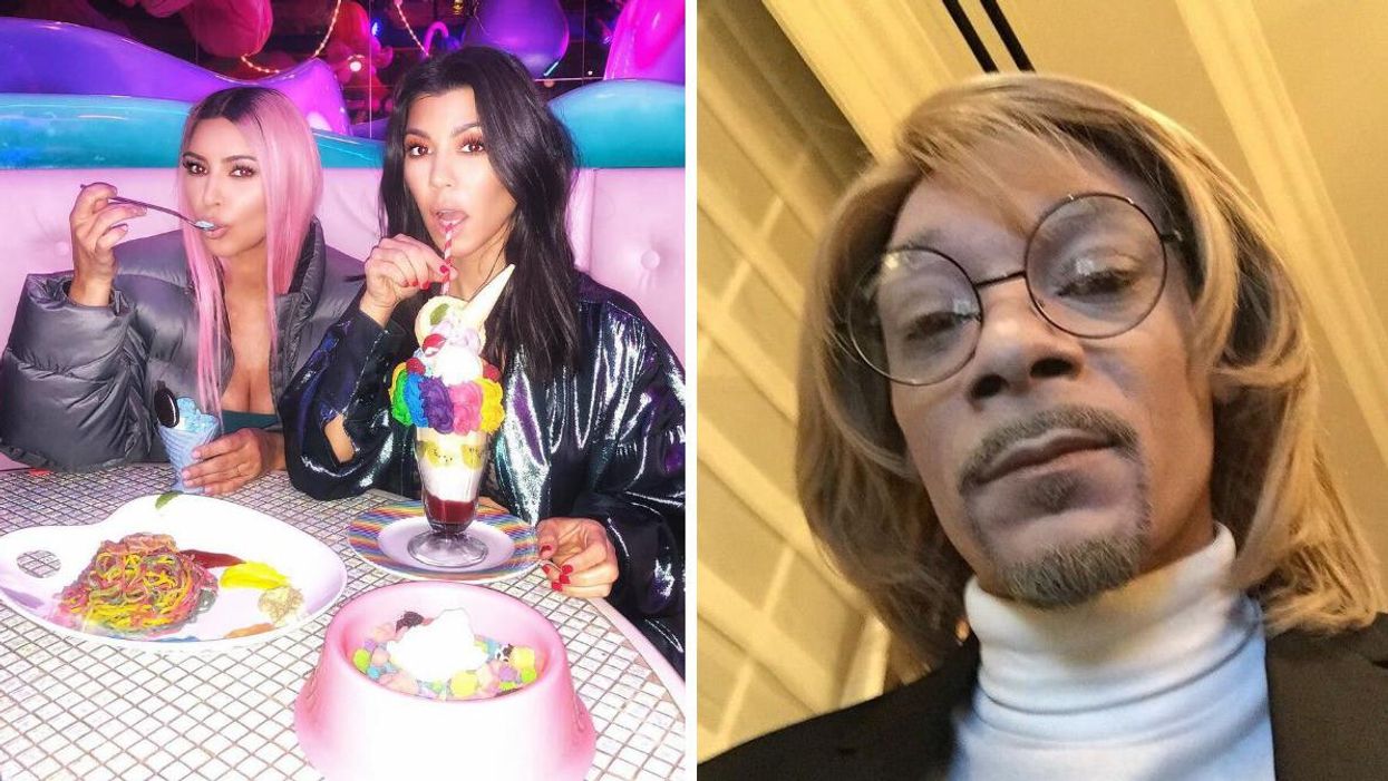 Kim and Kourtney Kardashian eating at The Sugar Factory. Right: Snoop Dogg taking a selfie.