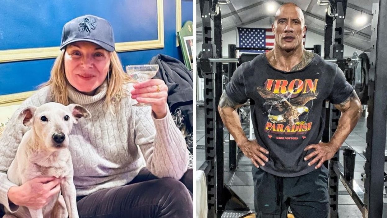 Kim Cattrall with her dog. Right: Dwayne Johnson in his gym.